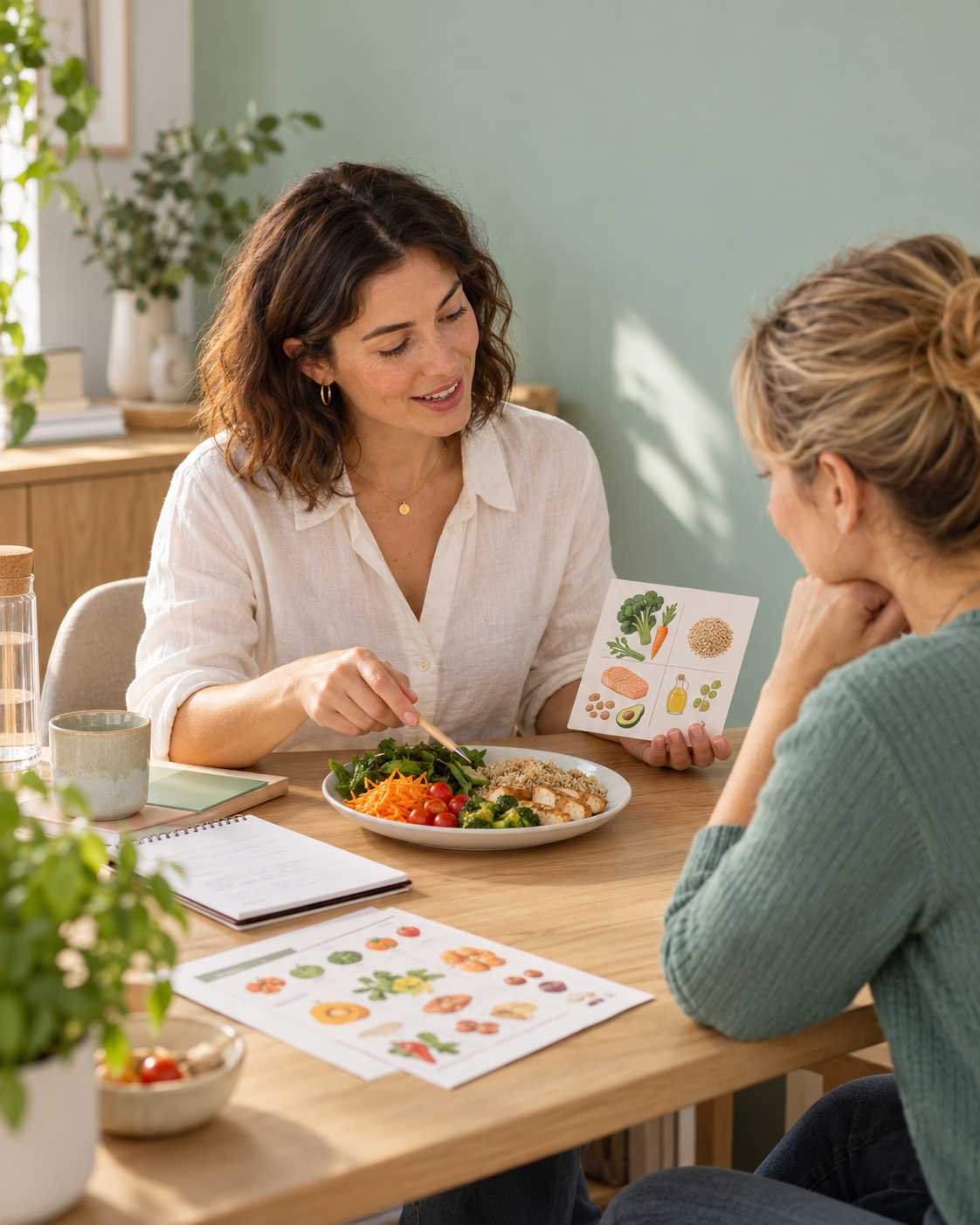 Une diététicienne présentant des repères alimentaires lors d’une consultation